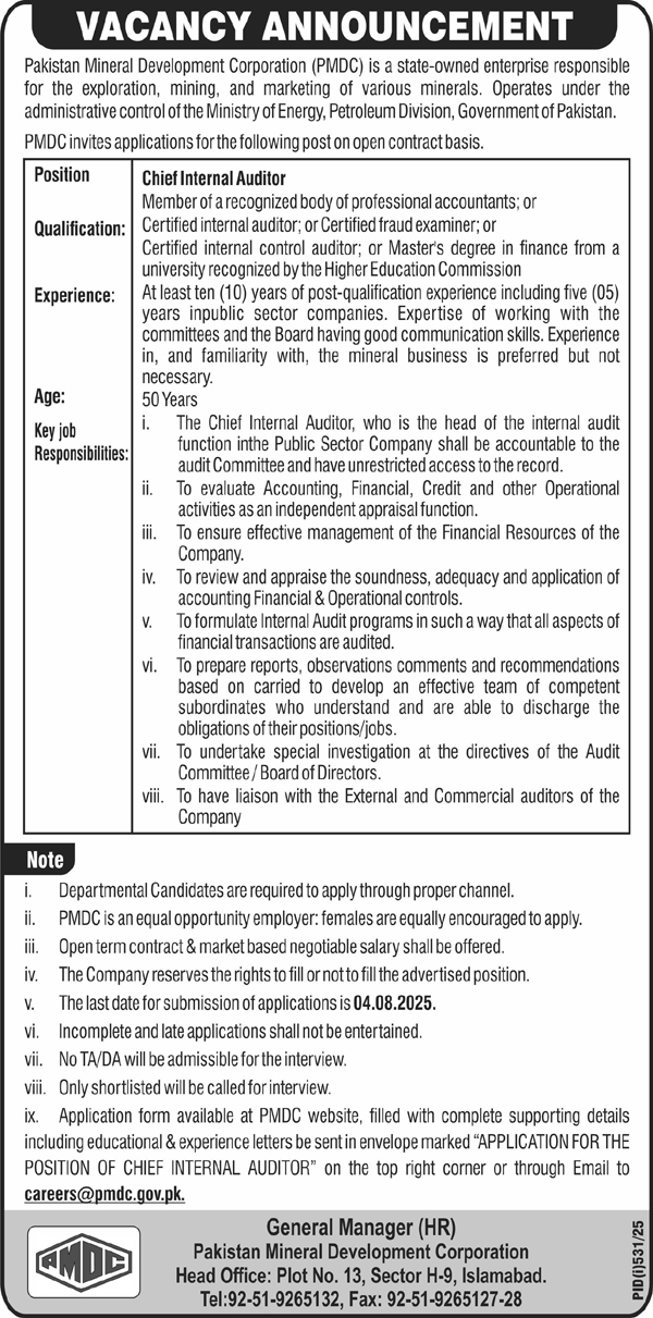Jobs in Pakistan Mineral Development Corporation Islamabad